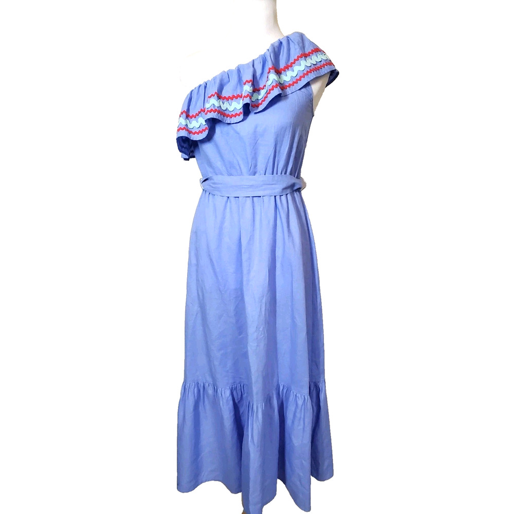 J. CREW Womens XXS One Shoulder Dress Blue Tiered Midi Linen Cotton Ric‎ Rac - Picture 2 of 9